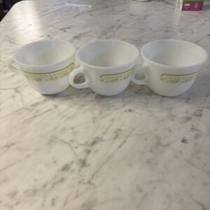 Vintage Pyrex 3 Mugs Corning Ware Sunshine Green/Yellow Flowers‎ Coffee Tea